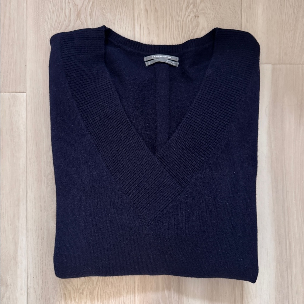 By Anthropologie Oversized Navy V-Neck Knit Sweater Size L